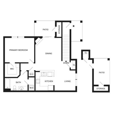 A floor plan of a house with a living room, dining room, kitchen, two bedrooms, a bathroom, and storage areas.